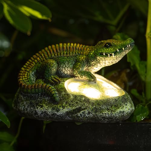 Rezpuao Garden Statue Crocodile,Solar Crocodile Decor for Outdoor,Resin Crocodiles Figurine with Solar Light for Patio,Balcony,Yard,Lawn Ornament,Perfect Garden Gift - color: Crocodile