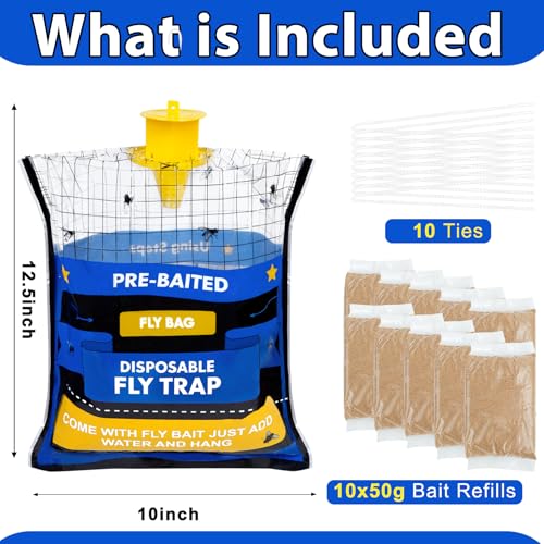 Large 10 Pack Pre-Baited Fly Traps Outdoor Fly Trap for Patio Farm Ranch - size: 10 Packs
