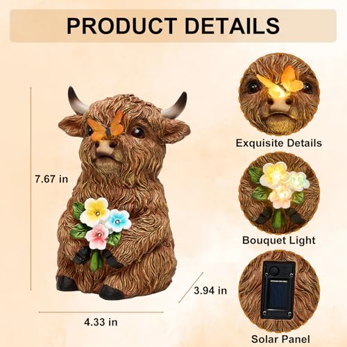 Solar Highland Cow Outdoor Statue, Garden Sculpture with Lighted Butterfly