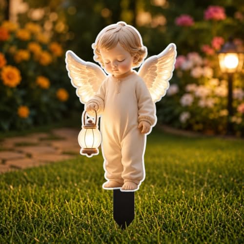 2D Flat Cute Angel Garden Stake with Glowing Light, Outdoor Yard/Lawn Decor, Easter Garden & Flower Bed Stake, Cemetery Memorial Ornament for Monuments/Tombs, Outdoor Decoration, Sympathy Gift - color: Angel