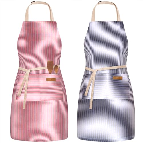 BeLuyi 2 Pack Adjustable Bib Apron with 2 Pockets Chef Cooking Kitchen Restaurant Aprons for Women Men - color: Blue/Red Pinstripes