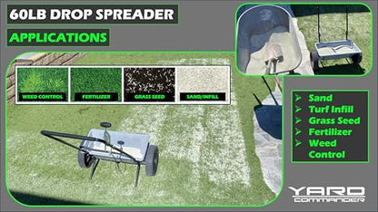 Yard Commander - 60 LB Walk-Behind Push Drop Spreader - Holds Up to 15,000 SQFT of Product - Great for Applying Fertilizer & Grass Seed - Adjustable Drop Rate & Composite Hopper