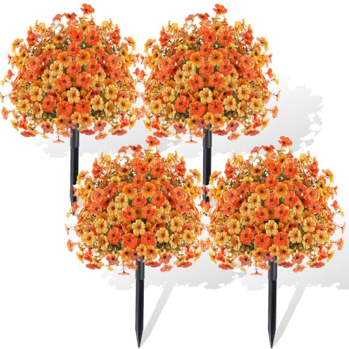 Agusbagli 4 PCS Fall Artificial Flower Ball Topiary 24" with Ground Spikes - color: Yellow, Orange