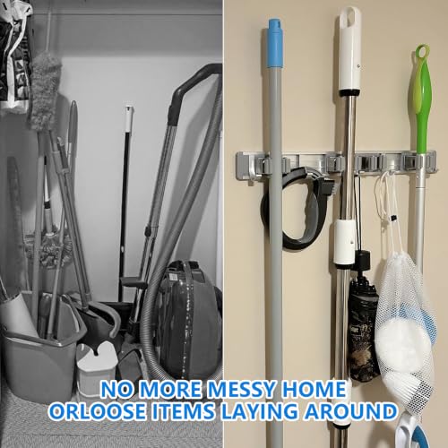 reliahom Broom Holder Wall Mount Mop Hanger Tools organizer 4Racks 5Hooks - color: Gray