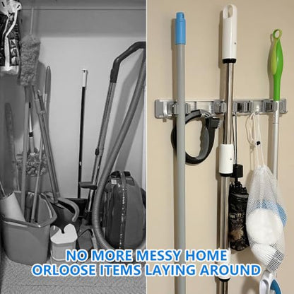 reliahom Broom Holder Wall Mount Mop Hanger Tools organizer 4Racks 5Hooks - color: Gray