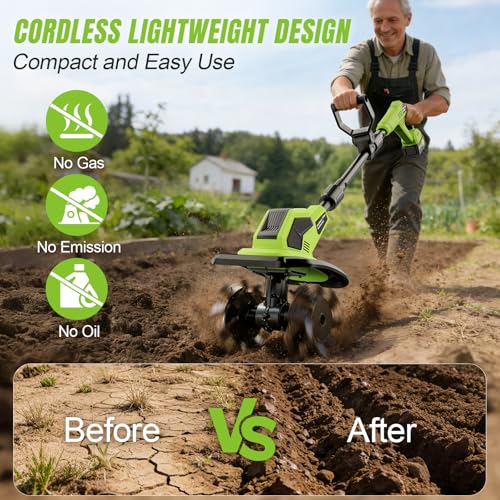 6000mAh Brushless Cordlees Tiller for Gardening,9" Width 7" Depth
