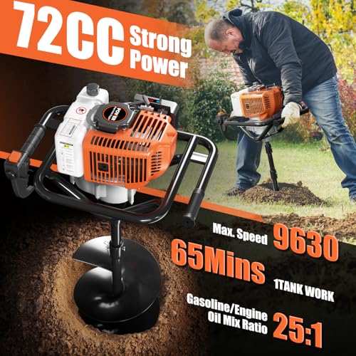 Baotree 72cc Gas Powered Post Hole Digger Earth Auger, 6" & 8" Bits, 2 Rods