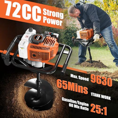 Baotree 72cc Gas Powered Post Hole Digger Earth Auger, 6" & 8" Bits, 2 Rods