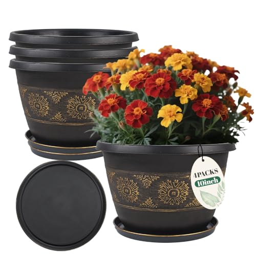 Usocik 10 Inch Plant Pots, 4 Pack, Gold Retro Floral - color: Gold