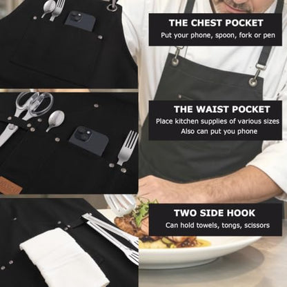 HANZAI Chef and BBQ Apron with Hand Towel and tong - 12oz Cotton Canvas.Cross Back Straps. Multi Pockets for man and women. - color: Black