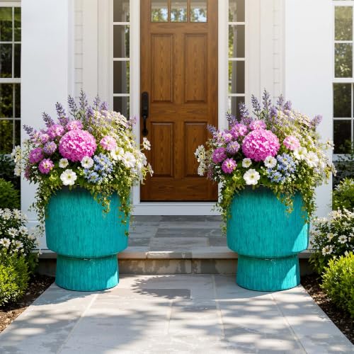 16.8" Planters for Outdoor Plants, Large Urn Flower pots S/2 - color: 16.8"-teal Glazed & Black Rim