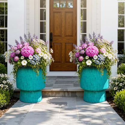 16.8" Planters for Outdoor Plants, Large Urn Flower pots S/2 - color: 16.8"-teal Glazed & Black Rim