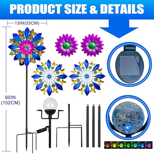 60 in Large Wind Spinners Outdoor, Solar Double Sided Wind Sculpture - color: 60 In-blue
