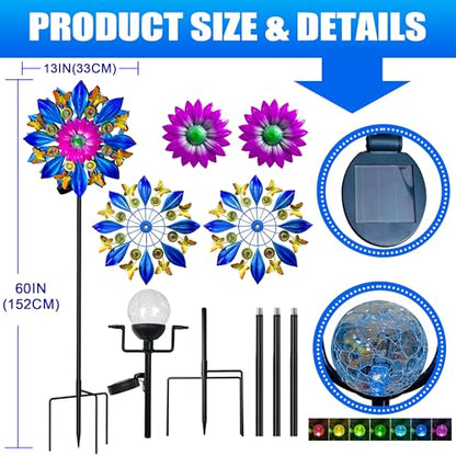 60 in Large Wind Spinners Outdoor, Solar Double Sided Wind Sculpture - color: 60 In-blue