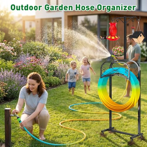 Gtongoko Garden Hose Holder for Outside 70" with 4 Prongs Base & 2 Shepherds Hooks Heavy Duty Freestanding Metal Water Hose Holder Stand Holds Up to 150FT Hose & 44LB Detachable Hose Storage for Yard - size: 70 Inch