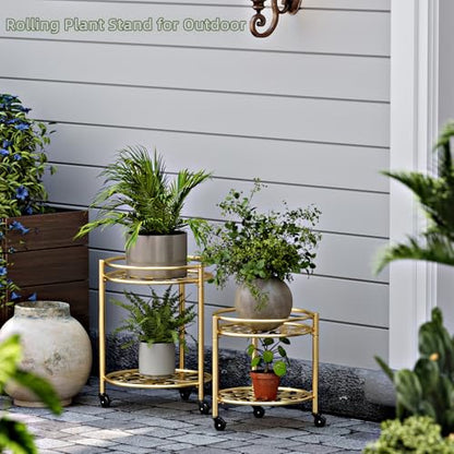 Rolling Plant Stand, 2 Tier Plant Caddy with Wheels 2 Pack Gold - color: gold