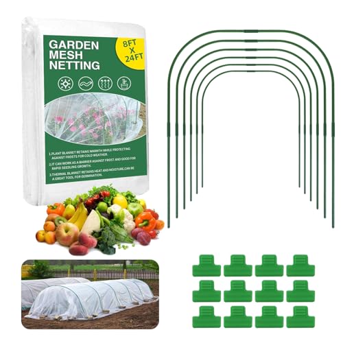 Garden Netting Kit for Raised Beds, 8x24Ft Ultra Fine Mesh Netting with 6 Sets Garden Hoops, Plant Row Cover Insect Netting Birds Pest Barrier Net for Vegetable Fruit Flowers