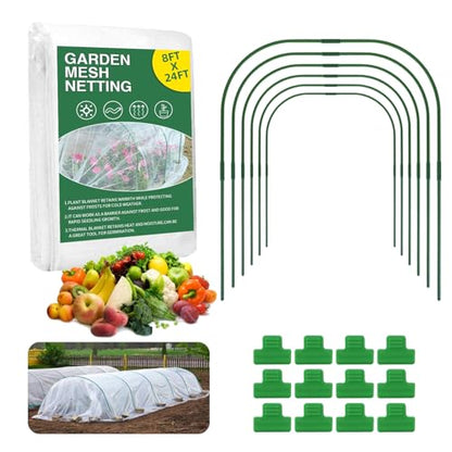 Garden Netting Kit for Raised Beds, 8x24Ft Ultra Fine Mesh Netting with 6 Sets Garden Hoops, Plant Row Cover Insect Netting Birds Pest Barrier Net for Vegetable Fruit Flowers