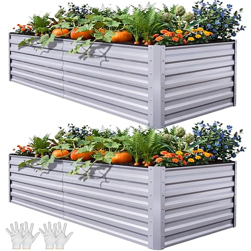 YITAHOME 8x4x2ft 2pcs Large Raised Garden Bed, Galvanized Metal Planter Box with Gloves, Ground Nails, Support Rod & Safety Rubber, Outdoor Above Ground Planters for Plants Vegetables Flowers, Silver - color: Silver, size: 8x4x2FT 2pcs