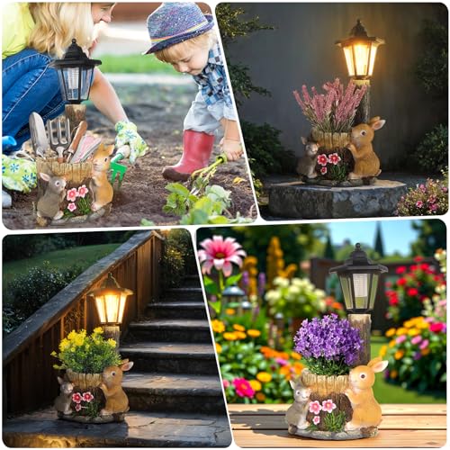 Solar Bunny Statue Outdoor, Rabbits Figurine with Flowerpot & Lantern - color: Bunny
