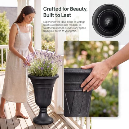 24" Tall Urn Planters for Outdoor Plants, Urns and Pedestal, Black - color: Black-concrete Look/Sandblasting