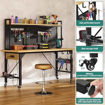 YITAHOME 48in Adjustable Workbench with Pegboard & Wheels & Outlets - size: 48" Workbench w/Pegboard