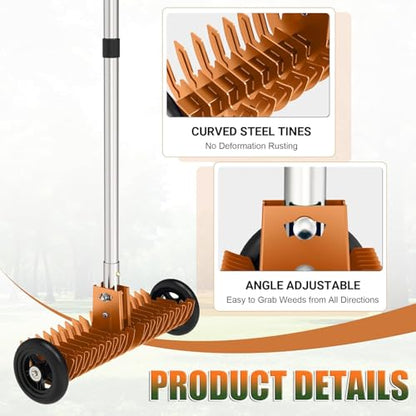 Thatch Rake, 15-Inch Dethatcher Rake for Lawn with Rolls Adjustable 0-15°