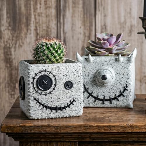 Halloween Button Face Monster Planter, Resin Pot with Drainage - color: Gray-a