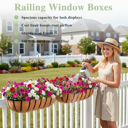 24 Inch Railing Planter Window Box Deck Balcony Rail Planter with Coco Liner Metal Wall-Mounted Coconut Liner Planter Basket English Horse Trough Planters for Outdoor Balcony Porch Fence (2 Pack) - size: 24 Inch