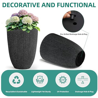 2-Pack 19" Black Resin Tall Round Planters with Fluted Texture - color: 19"h-black Fluted