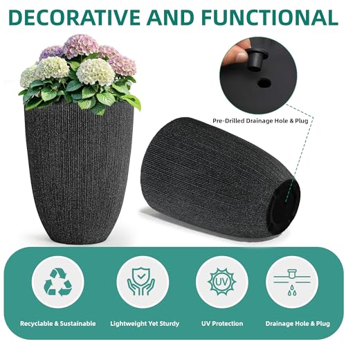 2-Pack 19" Black Resin Tall Round Planters with Fluted Texture - color: 19"h-black Fluted