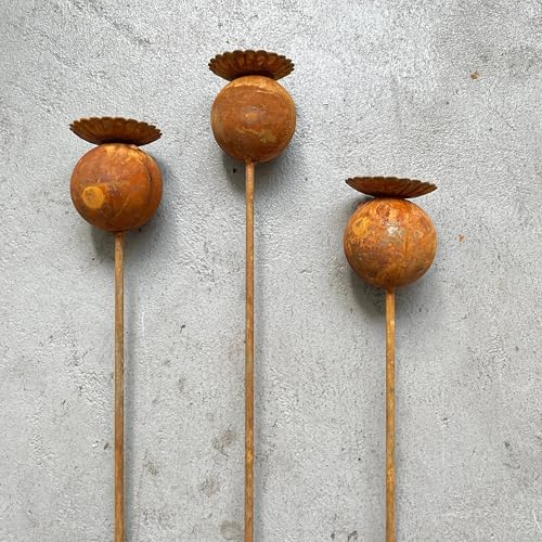 Set of 3 Rustic Metal Coneflower Garden Stakes,Rusty - color: Coffee