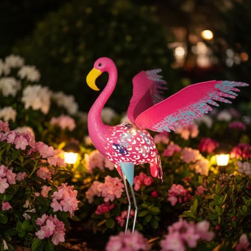 42" Metal Flamingo Outdoor Statues with Solar Light - color: Flamingo 4
