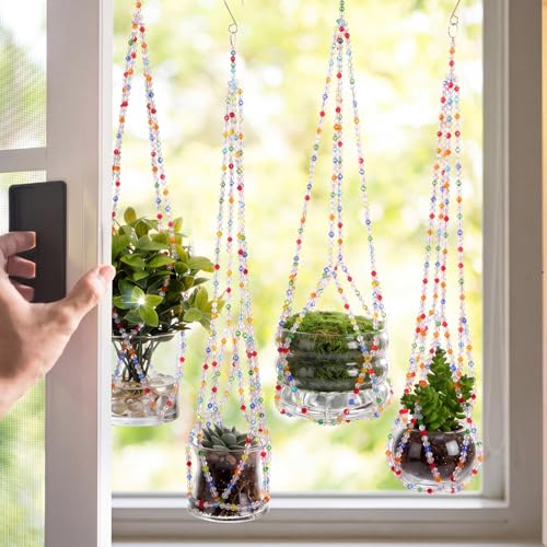 Suncalla 4 Pack Crystal Macrame Plant Hanger, Crystal Beaded Plant Hanger