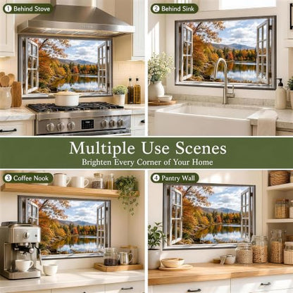 Autumn Lake Window Backsplash Sticker 17.3 x 28 in Peel and Stick PVC - color: Colorful1600