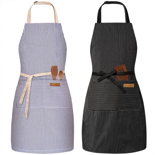 BeLuyi 2 Pack Adjustable Bib Apron with 2 Pockets Chef Cooking Kitchen Restaurant Aprons for Women Men - color: Blue/Black Pinstripes