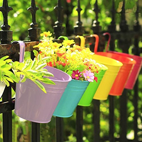 KINGLAKE Flower Pots,10 Pcs Metal Iron Hanging Flower Plant Pots Balcony Garden Plant Planter Baskets Fence Bucket Pot 4'' Flower Holders with Detachable Hook - color: Multicolor, size: 4 Inch