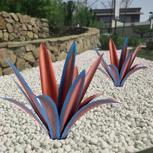 Large Tequila Rustic Sculpture, Rustic Metal Agave Plants for Outdoor Patio Yard Mexican Plant Garden， Agave Outdoor Lawn Ornaments Yard Stakes (Blue 2pc) - color: 12 Leaves Blue 2 Pcs
