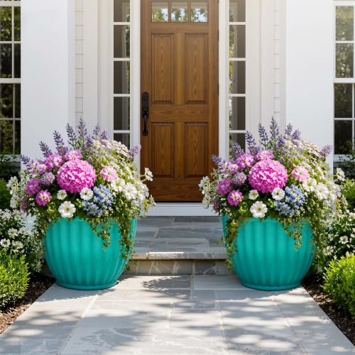 Autodaya 15" Large Planters For Outdoor Plants Set Of 2 Plastic Flower Pots - color: 15"-gradient Teal Green