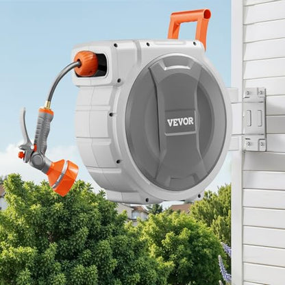 VEVOR Retractable Garden Hose Reel, 1/2 Inch x 145 ft Wall Mounted Hose Reel, Heavy Duty Garden Hose Reel with 9 Patterns Nozzle, Any Length Lock, Upgraded Slow Return System and 180°Swivel Bracket - size: 1/2 in x 145 ft