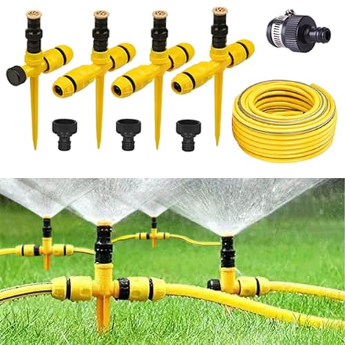360° Rotation Auto Irrigation System Garden Lawn Sprinkler Patio, Sprinkler System Kit for Lawns, Adjustable Garden Yard Lawn WaterSprinkler with 65FT Hose and 7 Quick Connectors (4PCS Set)