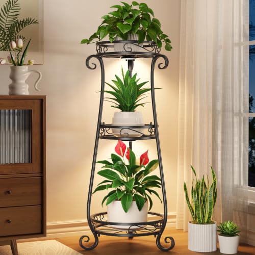 LASZOLA 3 Tiers Metal Corner Plant Stand Tall with Light for Indoor Outdoor - color: Black with Light, size: 3 Tier