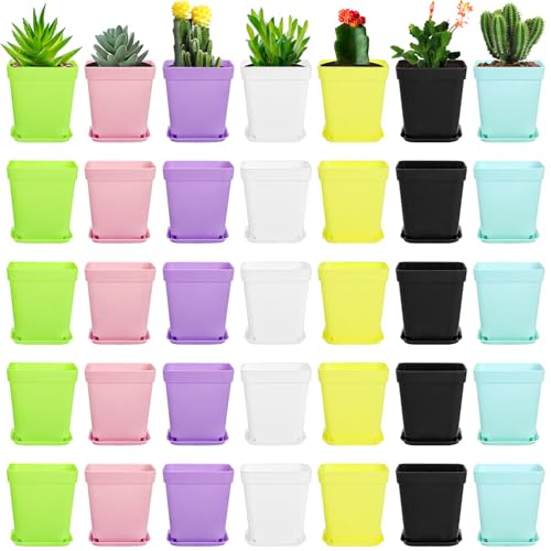 Hedume 70 Pack Mini Plastic Flower Seedling Nursery Pot with Pallet, 3" Colorful Square Plant Pot, Indoor Outdoor Flower Plant Container, Decor for Room, Garden, Office and Balcony (7 Colors)