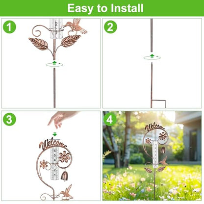 Rain Gauge Outdoor,Hummingbird Rain Gauges with Bell Design,Decorative Large Number Plastic Tube Freeze Proof Metal Rain Measure Water Gauge Welcome Sign for Garden Yard