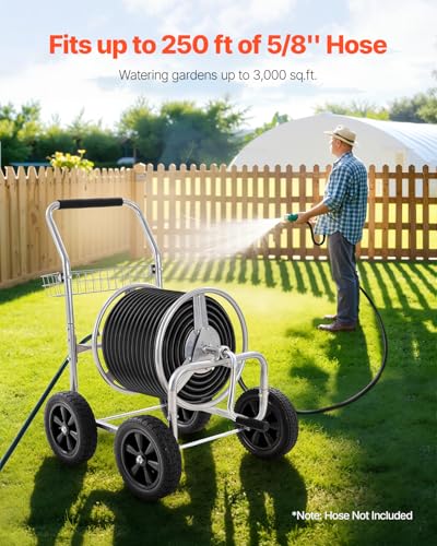 VEVOR Hose Reel Cart, Hold Up to 250 ft of 5/8’’ Hose, Garden Water Hose Carts Mobile Tools with 4 Wheels, Heavy Duty Powder-Coated Steel Outdoor Planting with Storage Basket, for Garden, Yard, Lawn - size: 250 ft