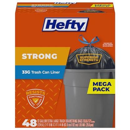 Hefty Strong 33 Gallon Trash Bags with Drawstrings, Black, Unscented, 48ct