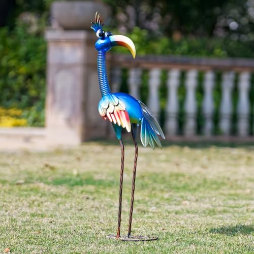 DREAMSOUL Metal Bird Garden Statues 30" Funny Patio Lawn Decor - color: Blue