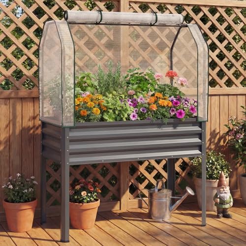 Giantex Raised Garden Bed with Legs & Greenhouse Cover, 44x20x60 Elevated Metal Planter Box with Roll-up Door, Outdoor Mini Greenhouse for Vegetable Flower Herb Patio Balcony (Gray,1) - color: Gray