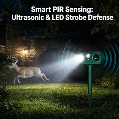 Solar Ultrasonic Animal Repeller with Red&Blue Light for Gardens, Farms and Courtyards, Outdoor Sonic Fortress Pro Deterrent for Deer, Raccoons, Squirrels, Cats, Rabbits, Skunks, Foxes & More(2Pack)