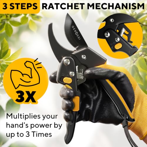 Gerossi Ratchet Pruning Shears Heavy Duty, Hand Pruners for Gardening - color: Orange